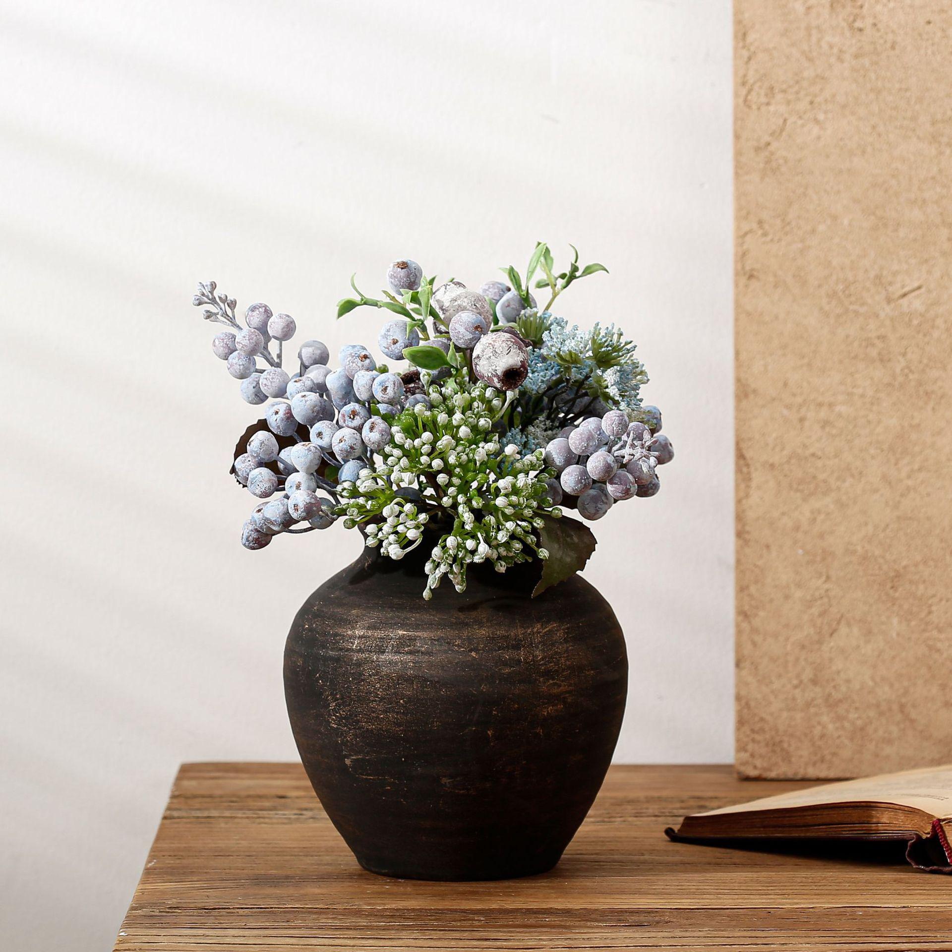 Dark Brown Weathered Terracotta Vase Rustic Clay Ceramic Flower Vases Round Pots for Living Room Centerpiece