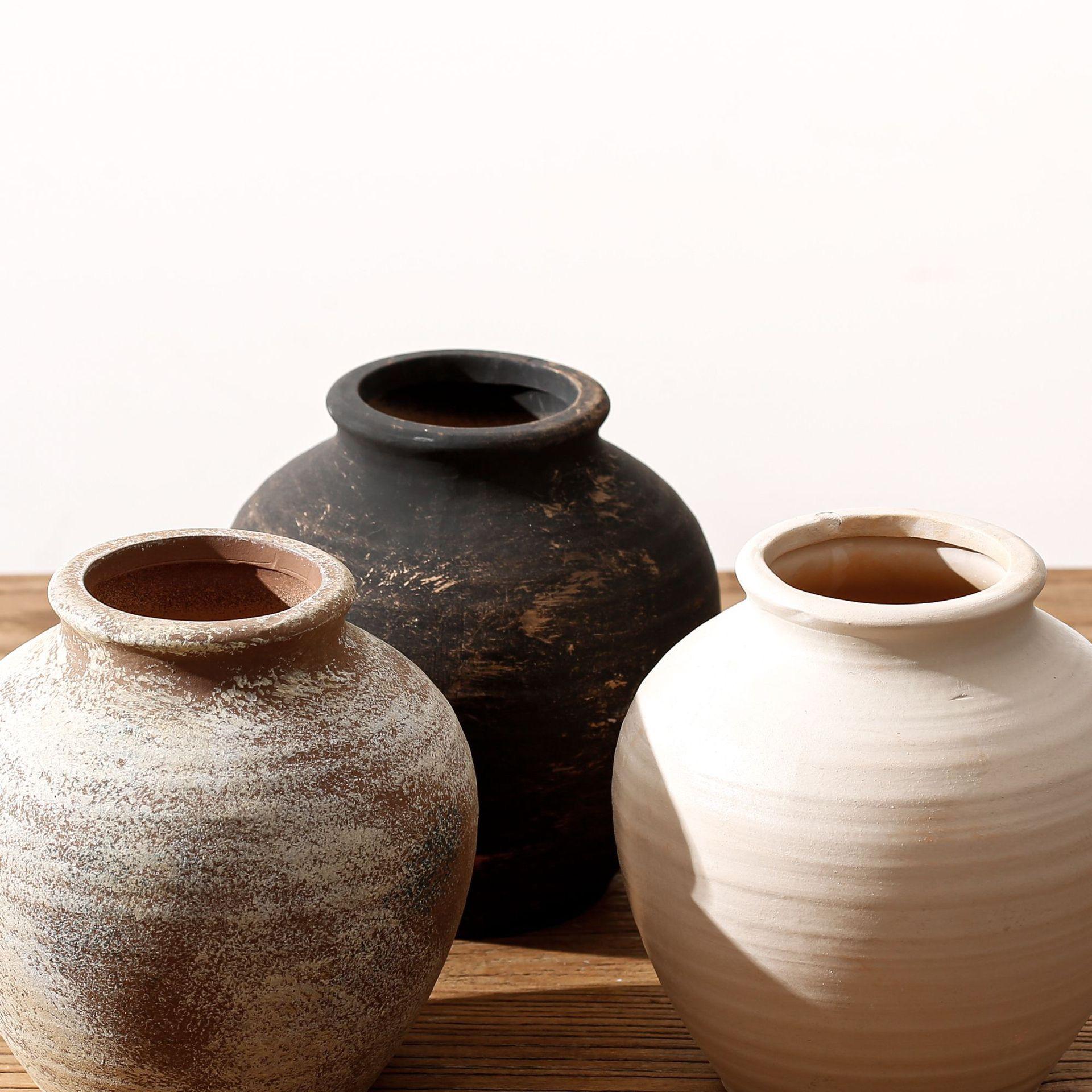 Dark Brown Weathered Terracotta Vase Rustic Clay Ceramic Flower Vases Round Pots for Living Room Centerpiece — view 2