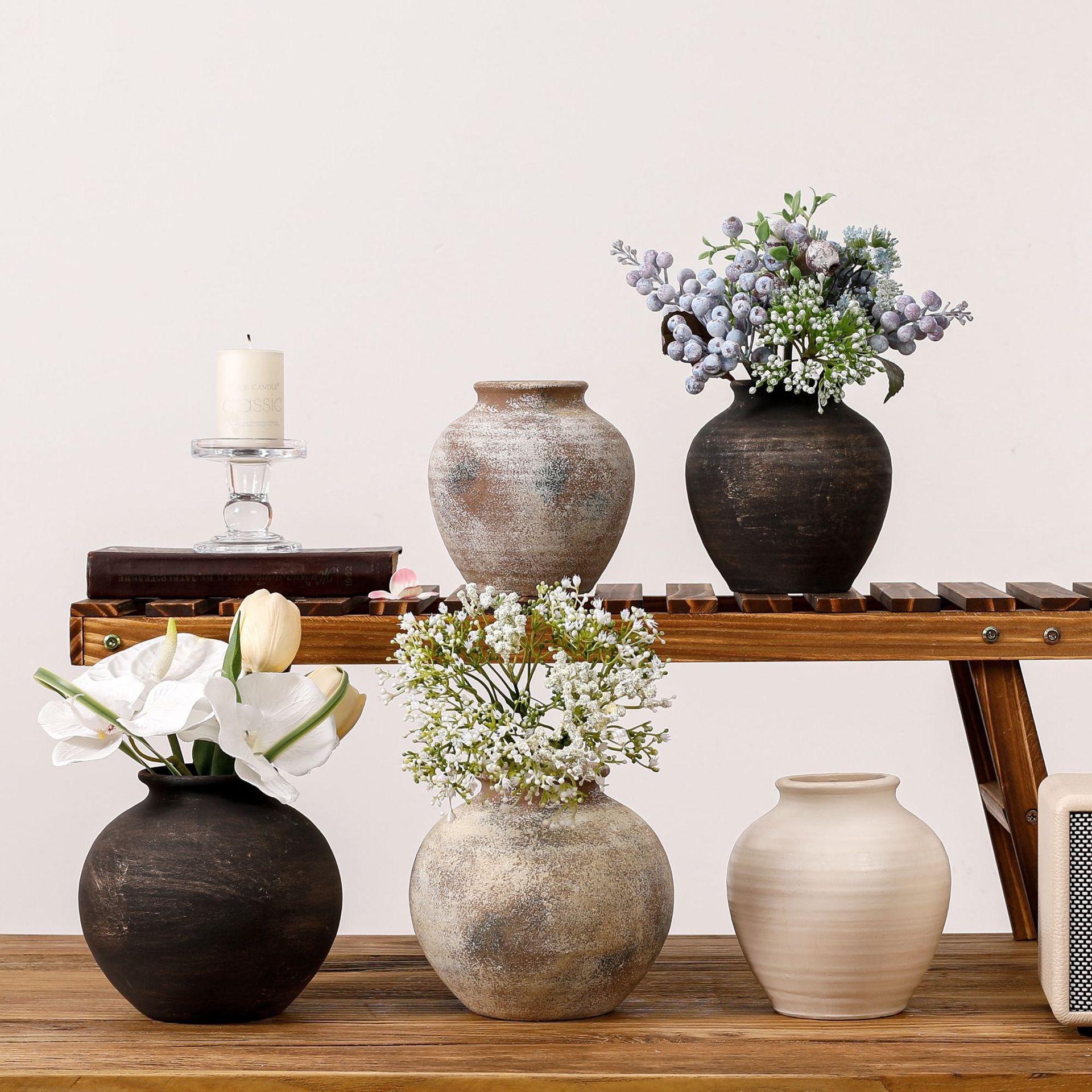 Dark Brown Weathered Terracotta Vase Rustic Clay Ceramic Flower Vases Round Pots for Living Room Centerpiece — view 4