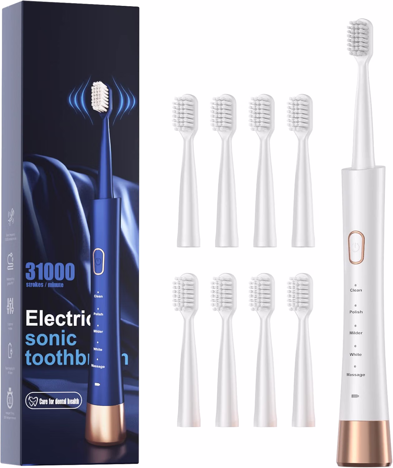 High Vibration Sonic Electric Toothbrush for Adults with 2 Minutes Smart Timer, Fast Charge Lasts Long, 5 Optional Modes, 8 Replacement Brush Heads Ultra Whitening, White — view 2