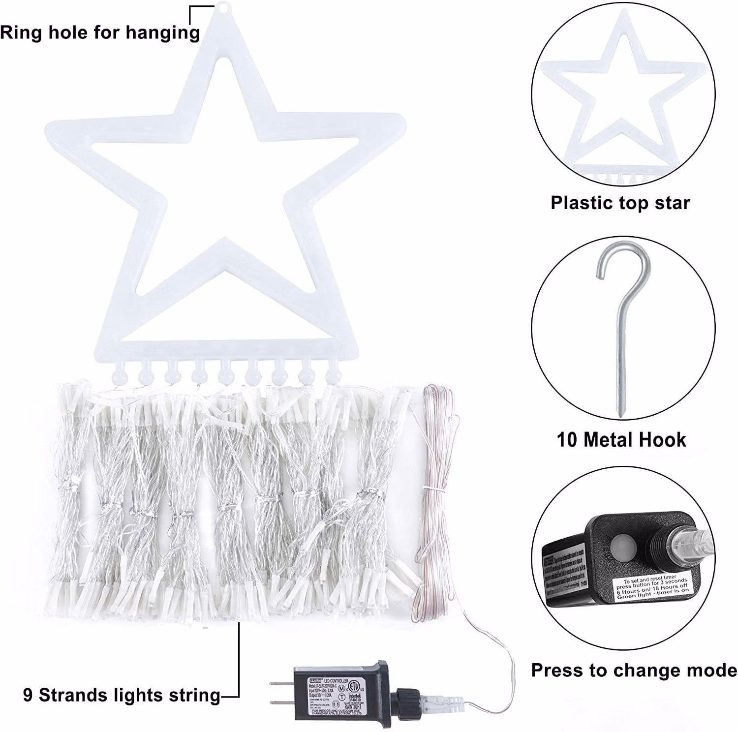 Christmas Decorations Star String Lights, 320 LEDs Outdoor Waterfall Tree Lights with 13" Topper Star, Plug in Waterproof Hanging Fairy Lights for Xmas New Year Holiday Party Yard Decor (Warm White) — view 2