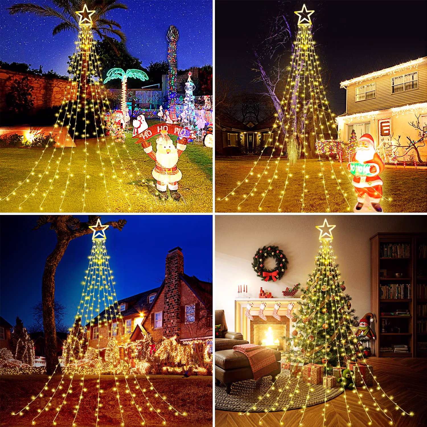 Christmas Decorations Star String Lights, 320 LEDs Outdoor Waterfall Tree Lights with 13" Topper Star, Plug in Waterproof Hanging Fairy Lights for Xmas New Year Holiday Party Yard Decor (Warm White) — view 3