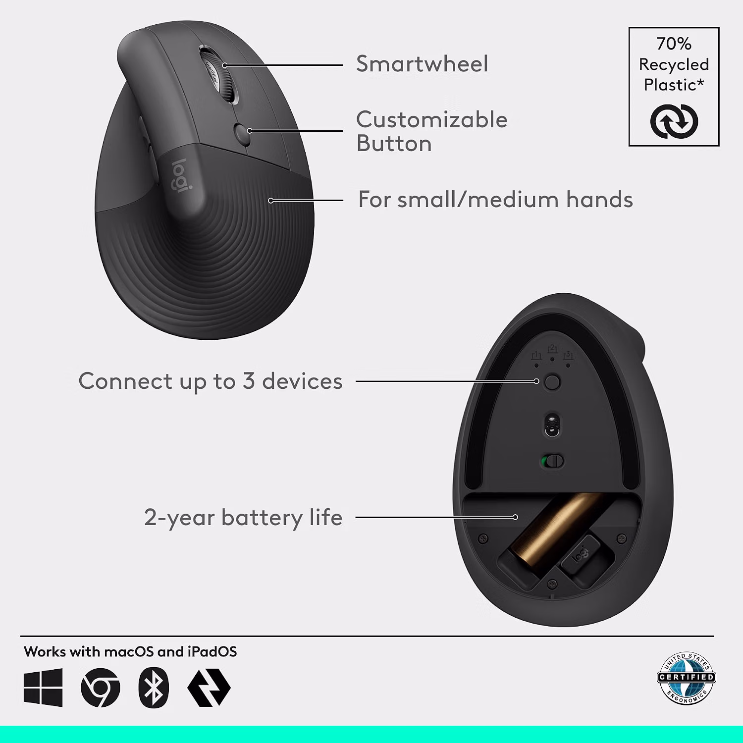 Logitech Lift Vertical Ergonomic Wireless Mouse - Graphite — view 6