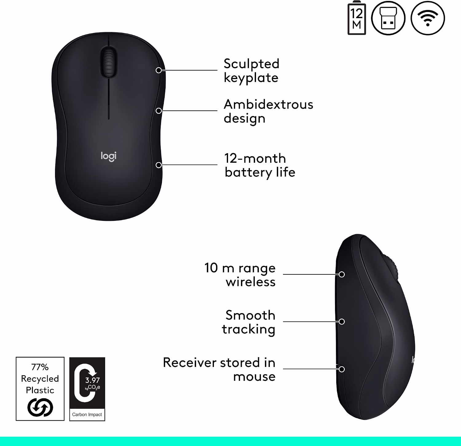 Logitech M185 Compact Ambidextrous Wireless Mouse with Rubber Grips - Black — view 5
