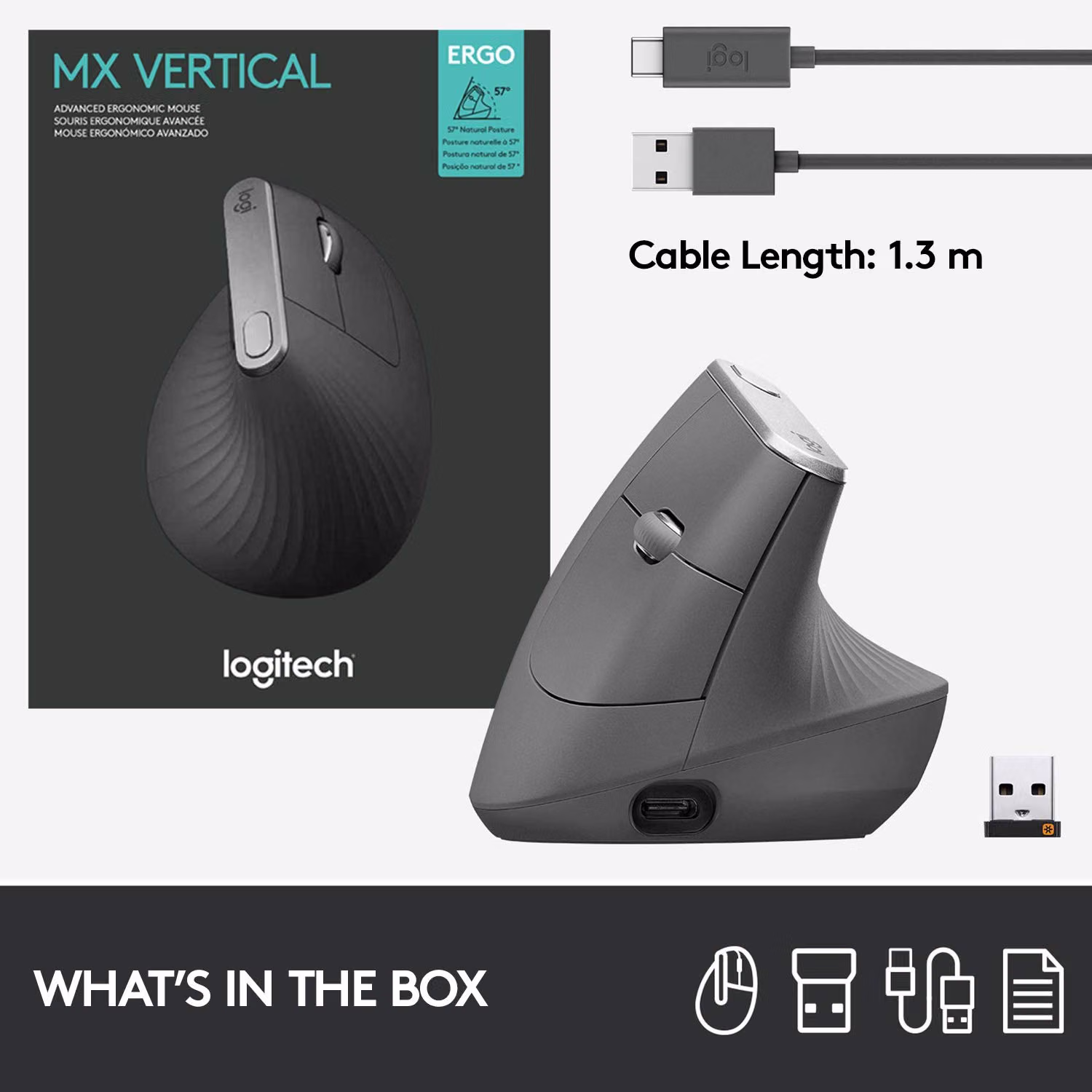 Logitech MX Vertical Wireless Mouse Ergonomic Design - Graphite — view 3