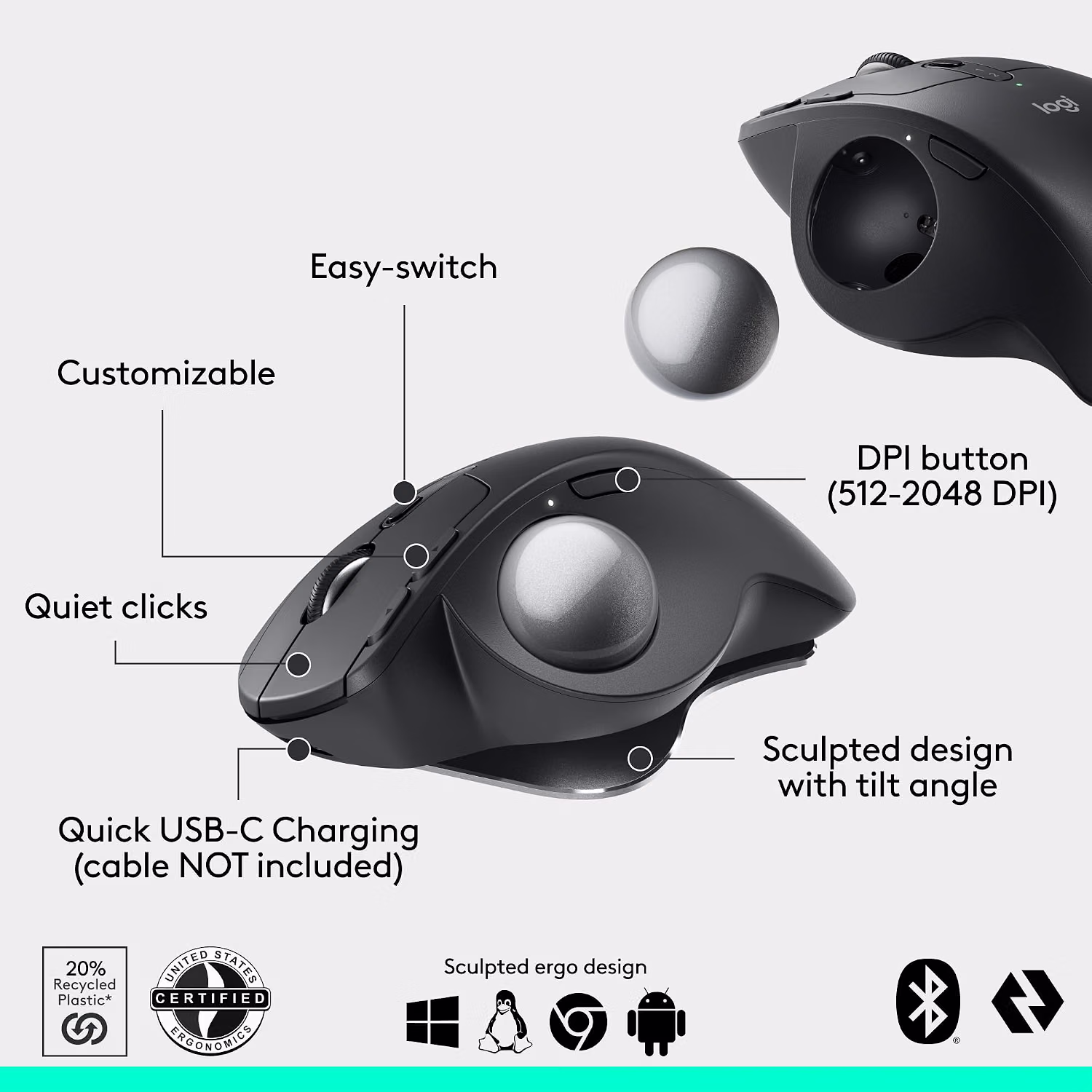 Logitech MX Ergo S Advanced Wireless Trackball Mouse USB C - Graphite — view 2