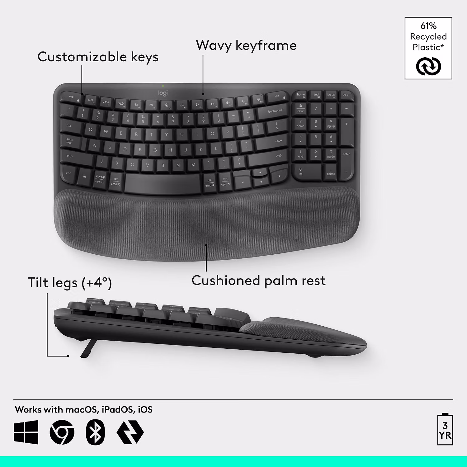 Logitech Wave Keys Ergonomic Wireless Keyboard with Palm Rest - Graphite — view 5