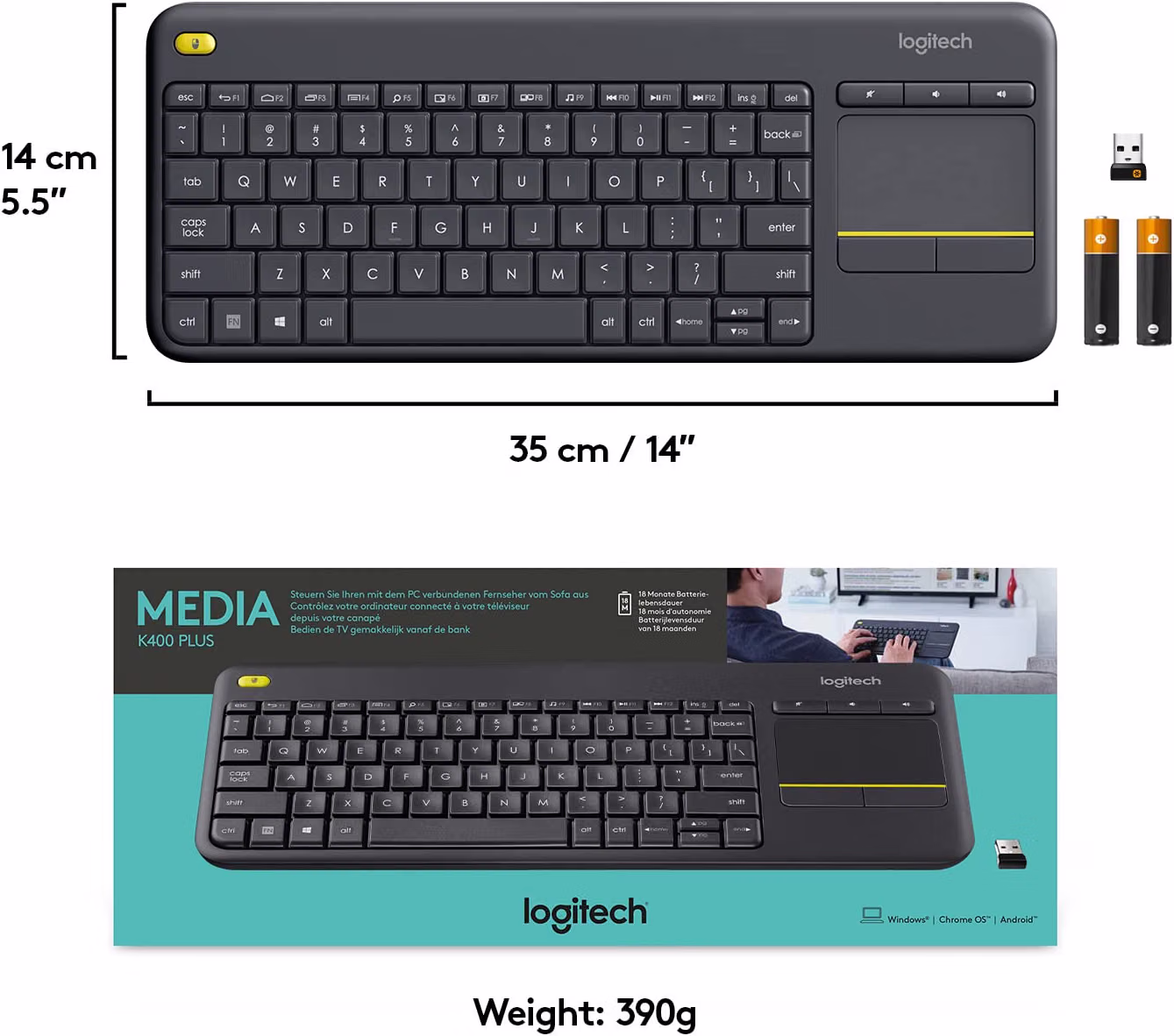 Logitech K400 Plus Wireless Touch TV Keyboard for PC-Connected TV - Black — view 2