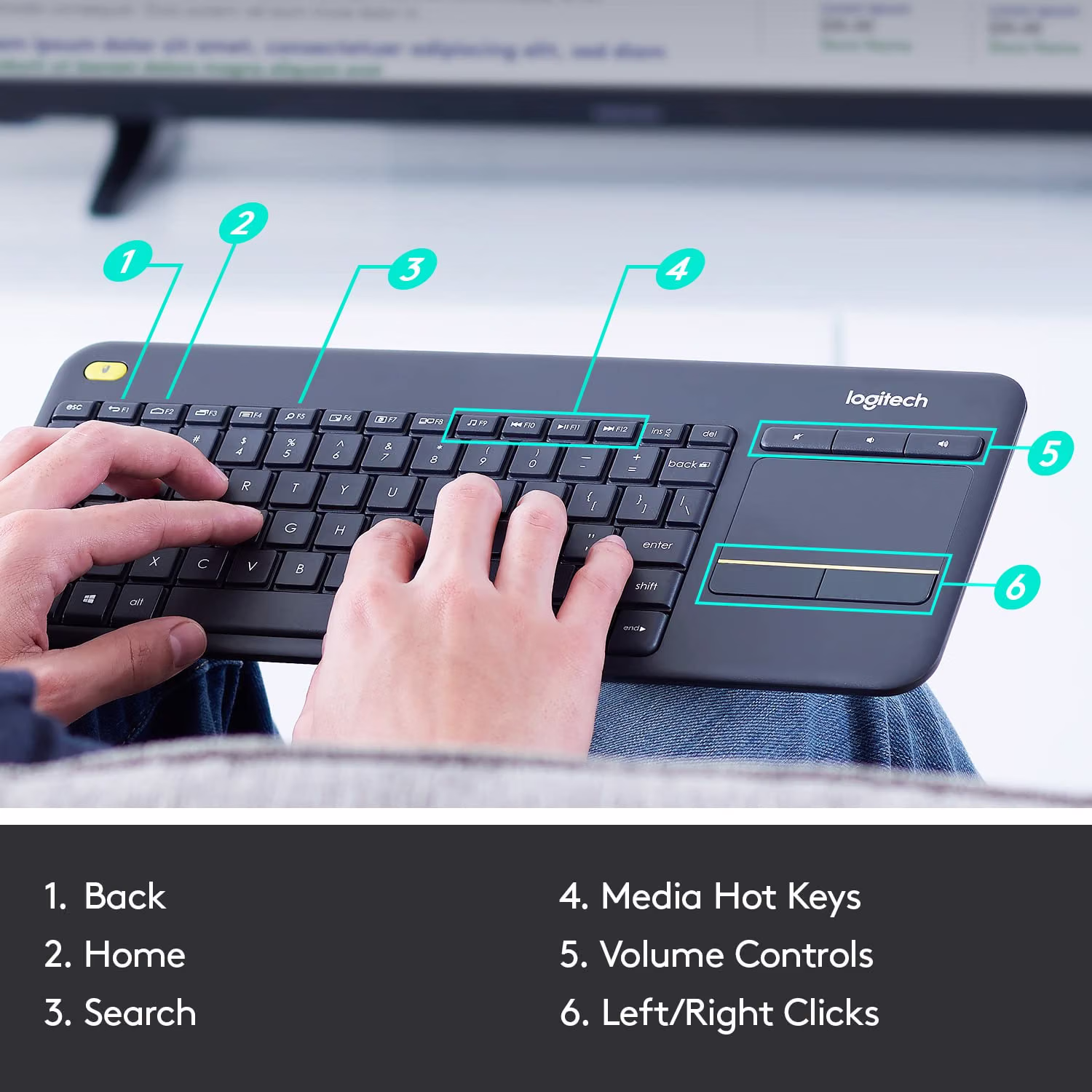 Logitech K400 Plus Wireless Touch TV Keyboard for PC-Connected TV - Black — view 6