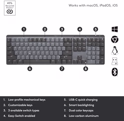 Logitech MX Mechanical Wireless Illuminated Keyboard Tactile - Graphite — view 3