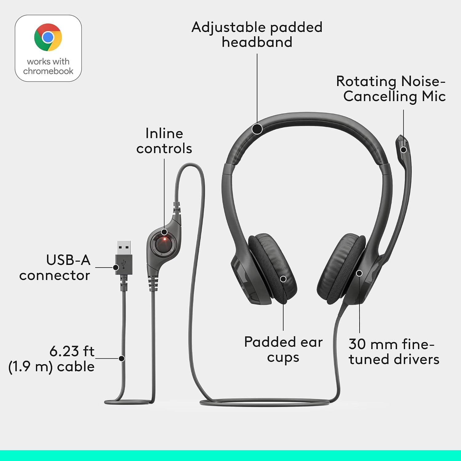 Logitech H390 Wired Headset PC/Laptop Stereo Headphones, USB-A, Black — view 6