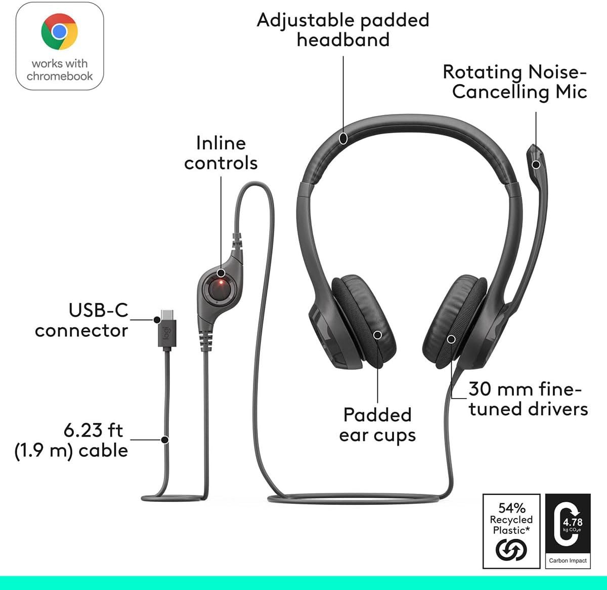 Logitech H390 Wired Headphones with Mic, USB Headset with Microphone for PC, Noise Cancelling Microphone — view 3