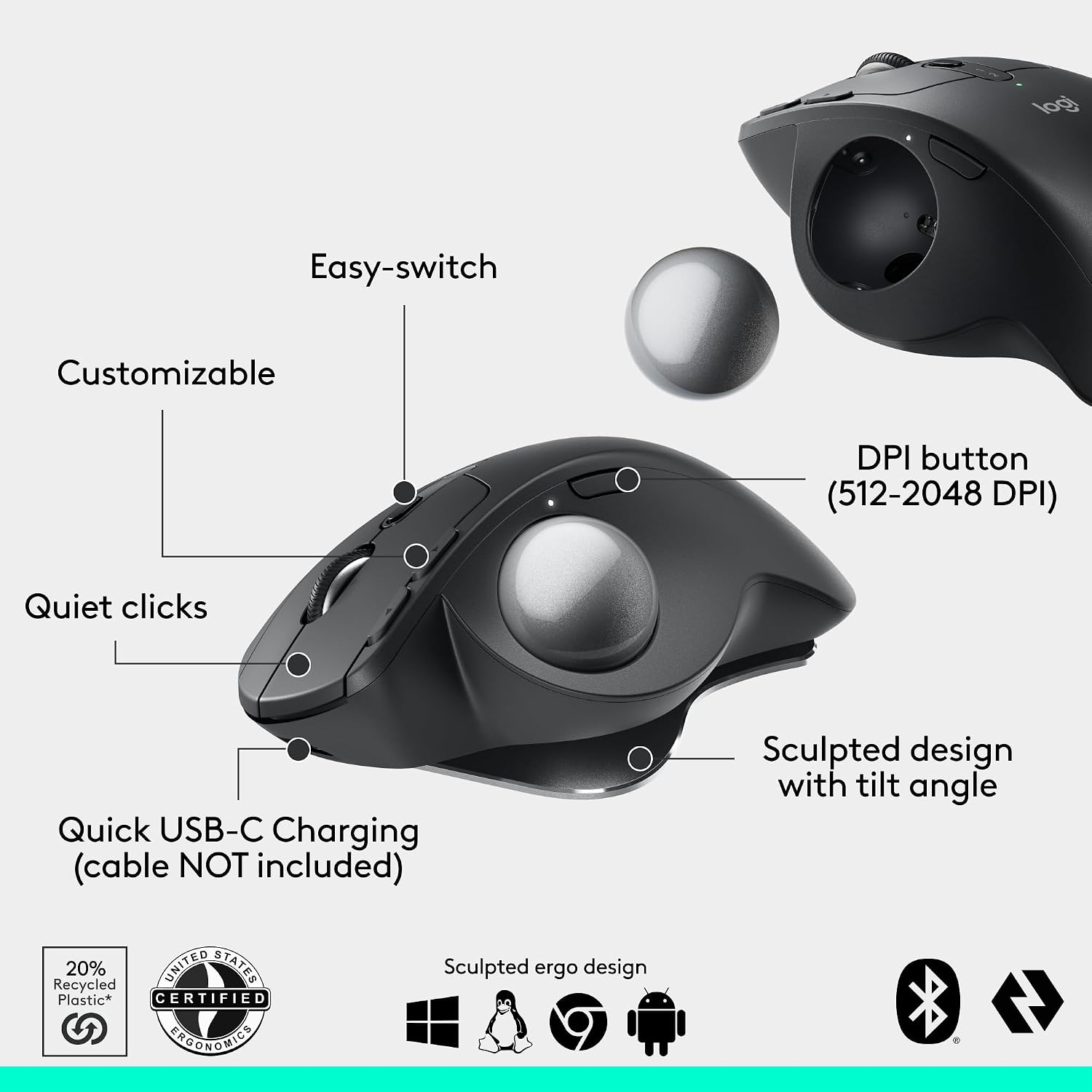 Logitech MX Ergo S Advanced Wireless Trackball Mouse USB C - Graphite — view 3
