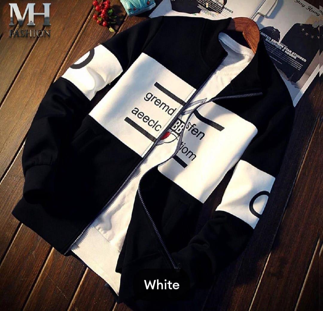 Men's Printed Fleece Hooded Jacket MZ1069200078ABTR, Black and White Zipper Winter Wear