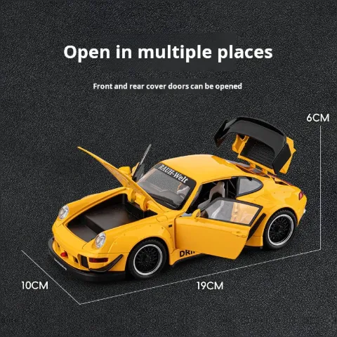 RWB Porsche 993 Diecast Model Car with Pull Back Action Sound Light Effects and Opening Doors — Yellow — view 5