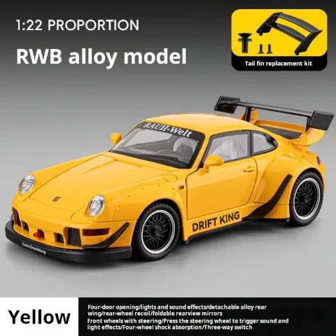 RWB Porsche 993 Diecast Model Car with Pull Back Action Sound Light Effects and Opening Doors — Yellow — view 8