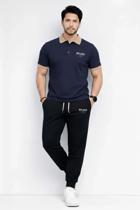 Printed Track Suit Set for Men with Navy Blue Polo Shirt and Black Joggers in Milano Polyester — Small — view 2