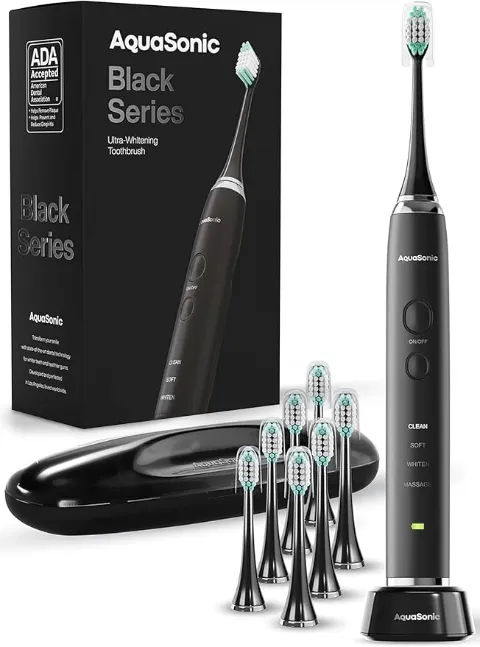 Aquasonic Black Series Ultra Whitening Electric Toothbrush with 8 Brush Heads and Travel Case