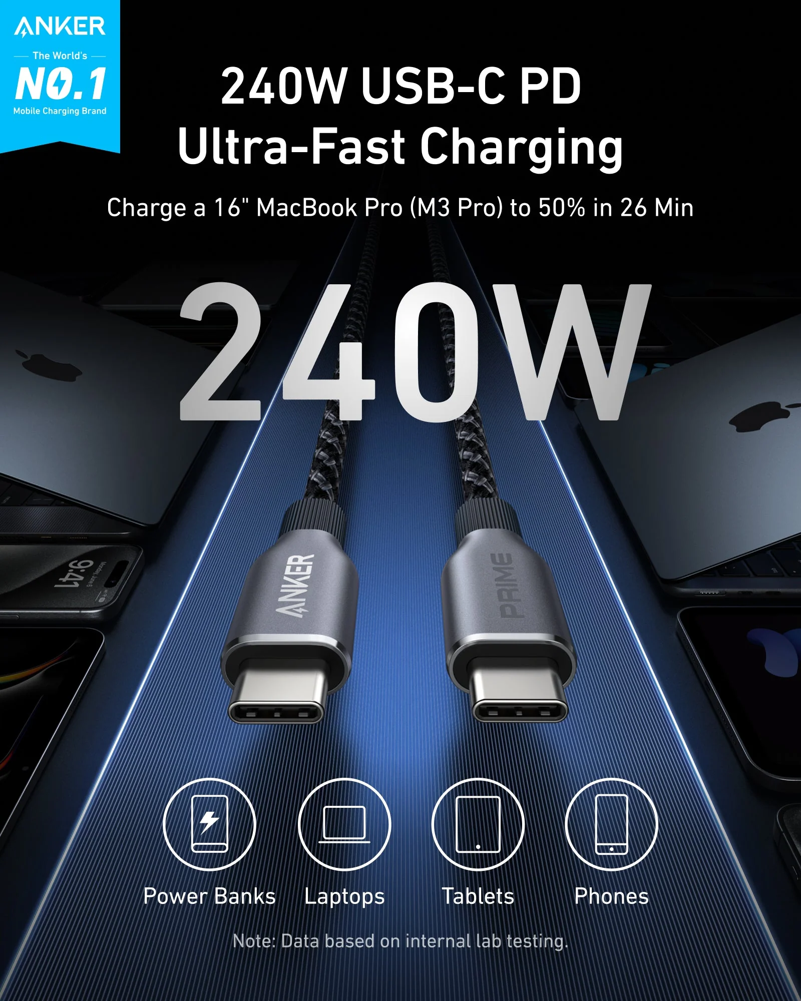 Anker USB-C to USB-C Charging Cable, 240W Upcycled-Braided, 3 ft or 6 ft — 3ft