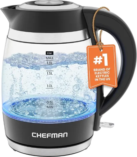 Chefman Electric Kettle, 1.8L 1500W Borosilicate Glass Tea Kettle and Hot Water Boiler — Black