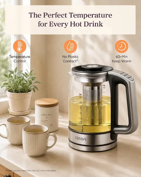 Cosori Electric Kettle 1.7L Glass and Stainless Steel Hot Water Boiler 1500W Black