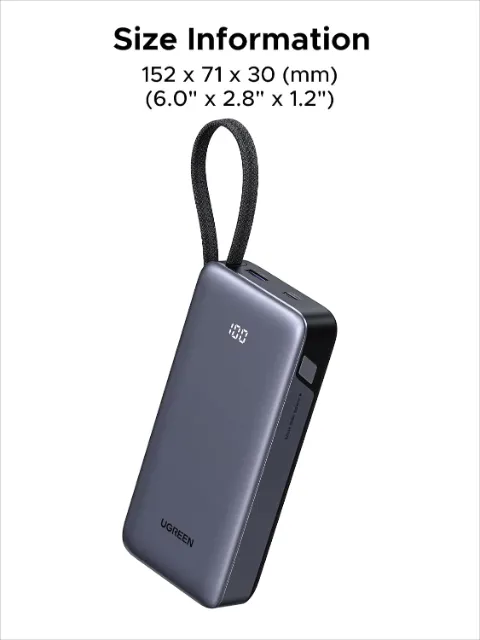 UGREEN Nexode 20000mAh 45W Power Bank with Built-in USB-C Cable and Digital Display Black — view 2