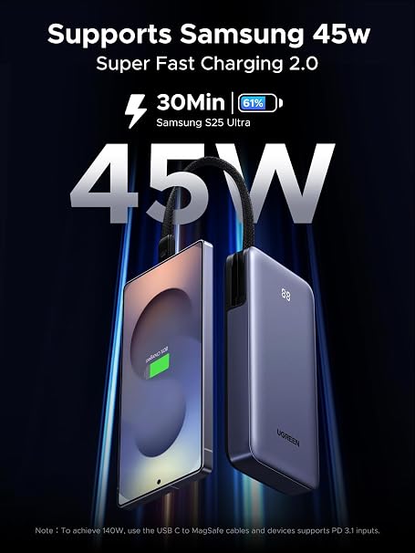 UGREEN Nexode 20000mAh 45W Power Bank with Built-in USB-C Cable and Digital Display Black — view 5