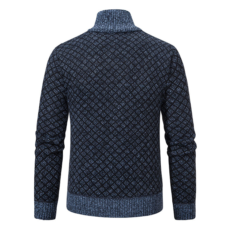 Thickened Plaid Print Jacket Cardigan Fashion Slim Fit Zipper Stand Collar Sweater Winter Men's Casual Long Sleeve Knitted Top Clothing — view 2