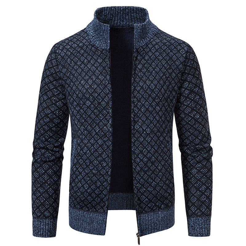 Thickened Plaid Print Jacket Cardigan Fashion Slim Fit Zipper Stand Collar Sweater Winter Men's Casual Long Sleeve Knitted Top Clothing — view 3