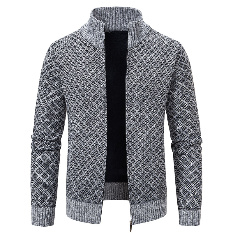 Thickened Plaid Print Jacket Cardigan Fashion Slim Fit Zipper Stand Collar Sweater Winter Men's Casual Long Sleeve Knitted Top Clothing — view 4
