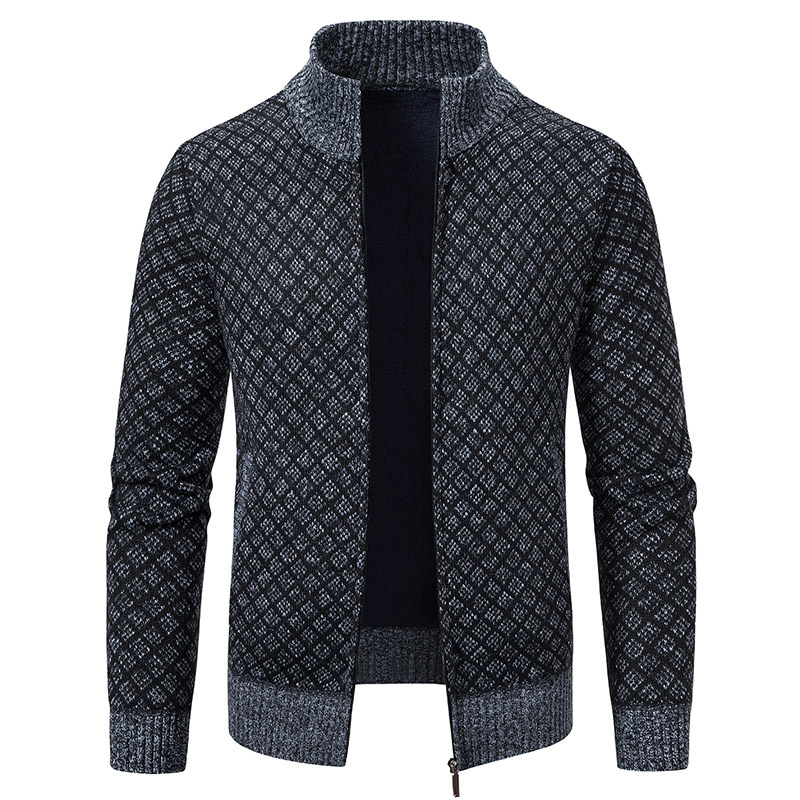 Thickened Plaid Print Jacket Cardigan Fashion Slim Fit Zipper Stand Collar Sweater Winter Men's Casual Long Sleeve Knitted Top Clothing — view 5