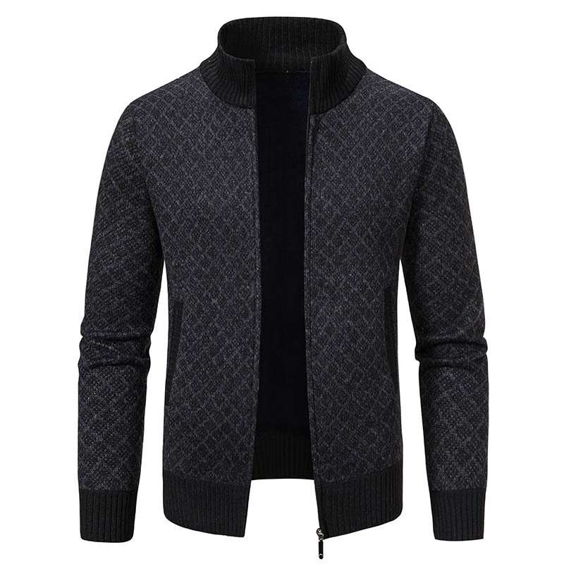 Thickened Plaid Print Jacket Cardigan Fashion Slim Fit Zipper Stand Collar Sweater Winter Men's Casual Long Sleeve Knitted Top Clothing — view 6