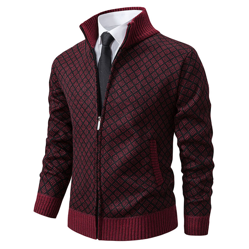 Thickened Plaid Print Jacket Cardigan Fashion Slim Fit Zipper Stand Collar Sweater Winter Men's Casual Long Sleeve Knitted Top Clothing — view 7