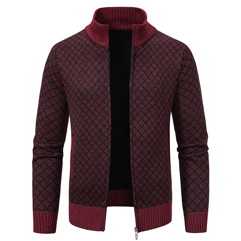Thickened Plaid Print Jacket Cardigan Fashion Slim Fit Zipper Stand Collar Sweater Winter Men's Casual Long Sleeve Knitted Top Clothing — view 8