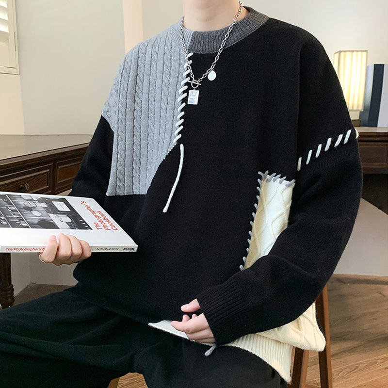 Ins Colorblock Pullover Sweater Winter Fashion Long Sleeve Knitted Top Men's Clothing — view 2