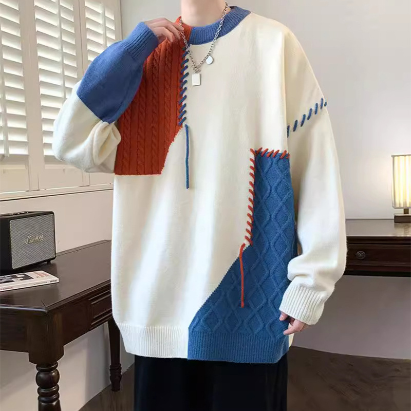 Ins Colorblock Pullover Sweater Winter Fashion Long Sleeve Knitted Top Men's Clothing — view 3