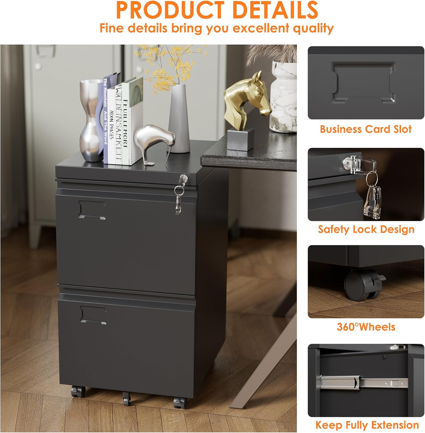 2 Drawer Mobile File Cabinet, Metal Under Desk Cabinet With Lock Name Card Holder For Office Home, Legal Letter Size, Assembly Required — view 2