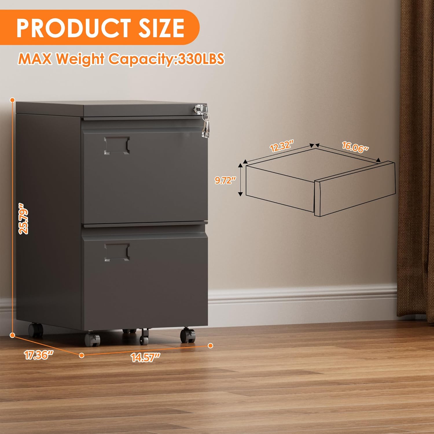 2 Drawer Mobile File Cabinet, Metal Under Desk Cabinet With Lock Name Card Holder For Office Home, Legal Letter Size, Assembly Required — view 3