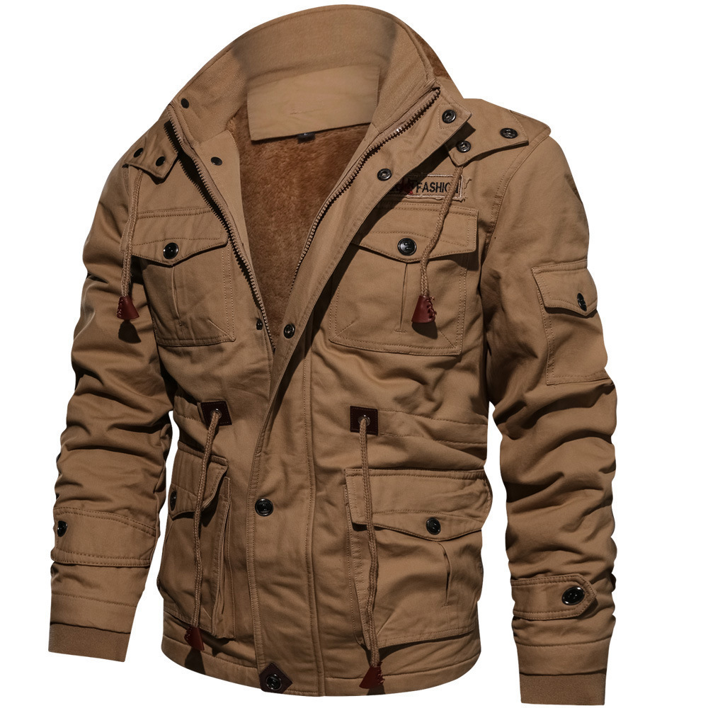 Winter Zip-up Coat Warm Thickened Detachable Hooded Jacket Multi-pocket Button Drawstring Long Sleeve Tops Men's Cargo Clothing — view 2