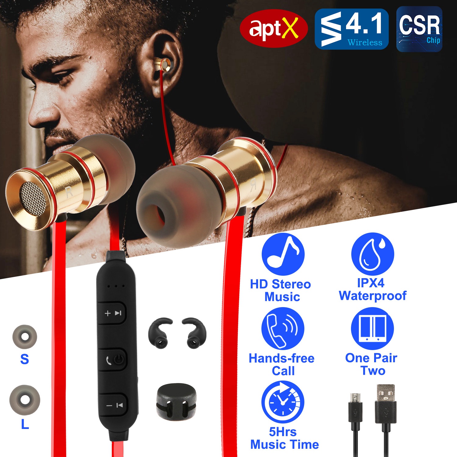 Sport Headsets Wireless V4.1 In-Ear Stereo Headphones Sweat-proof Running Earphones With Mic Hands-free