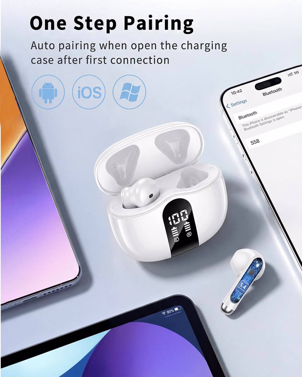 XIAOWTEK Wireless Earbuds, 2026 Bluetooth 5.4 Headphones Bass Stereo Ear Buds with Noise Cancelling Mic, LED Display in Ear Earphones 50H Playtime Ear Buds, IP7 Waterproof for Laptop Pad Phones White — view 2
