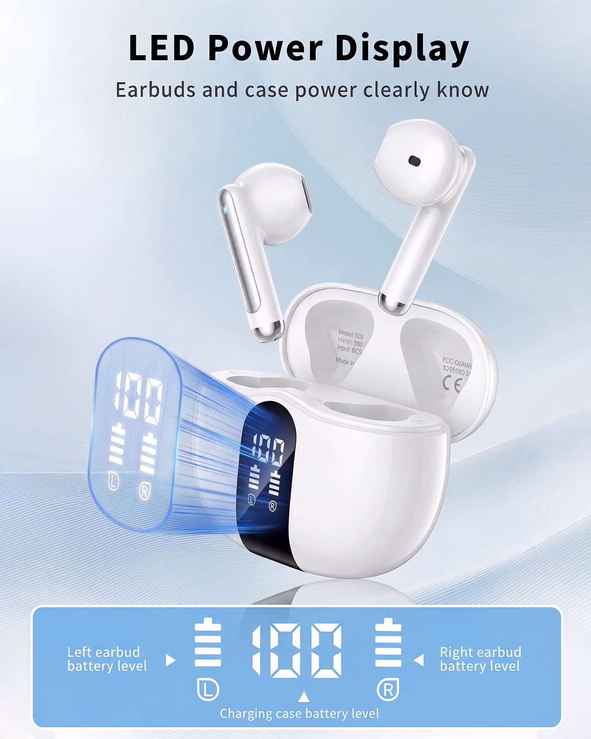 XIAOWTEK Wireless Earbuds, 2026 Bluetooth 5.4 Headphones Bass Stereo Ear Buds with Noise Cancelling Mic, LED Display in Ear Earphones 50H Playtime Ear Buds, IP7 Waterproof for Laptop Pad Phones White — view 3