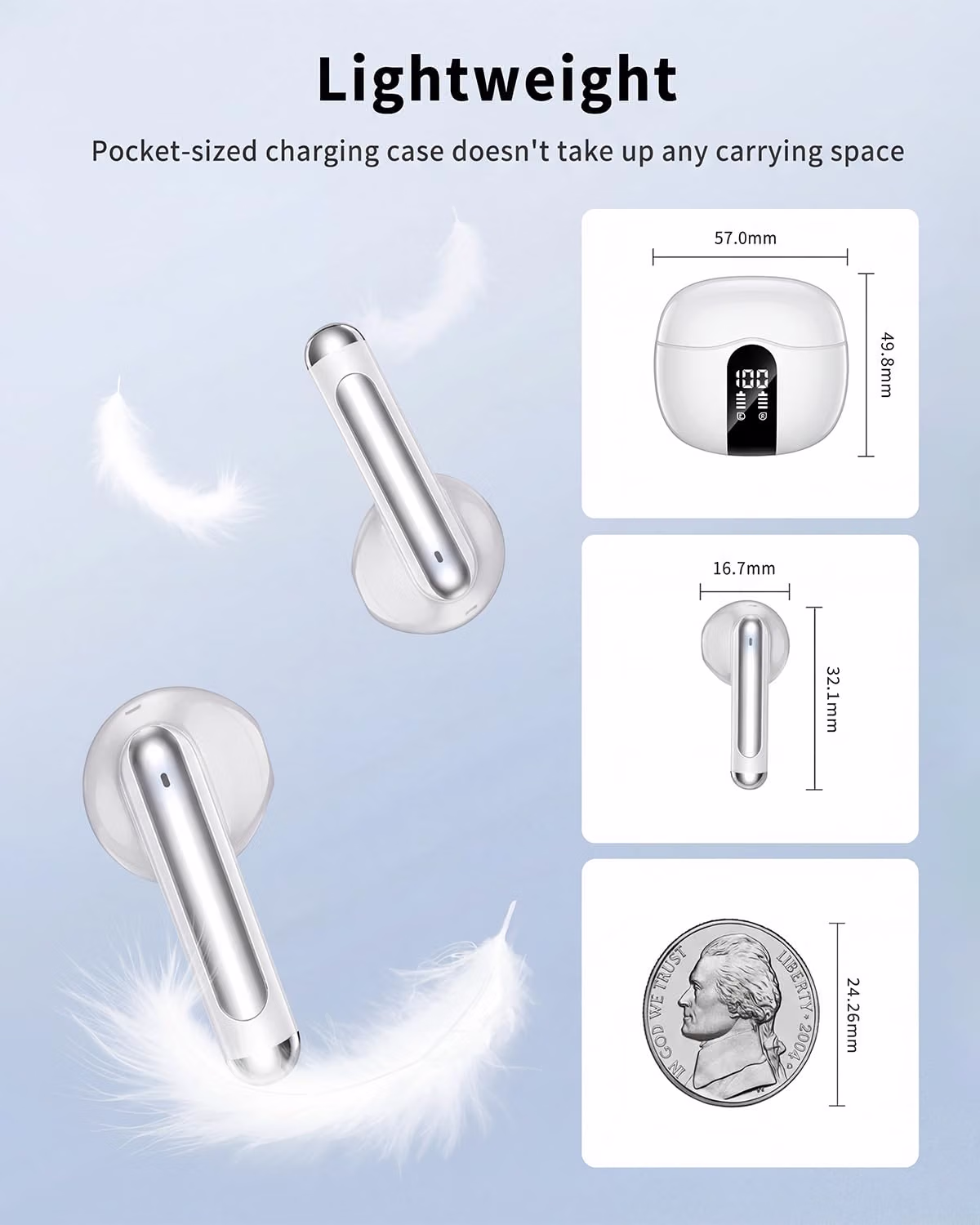 XIAOWTEK Wireless Earbuds, 2026 Bluetooth 5.4 Headphones Bass Stereo Ear Buds with Noise Cancelling Mic, LED Display in Ear Earphones 50H Playtime Ear Buds, IP7 Waterproof for Laptop Pad Phones White — view 5