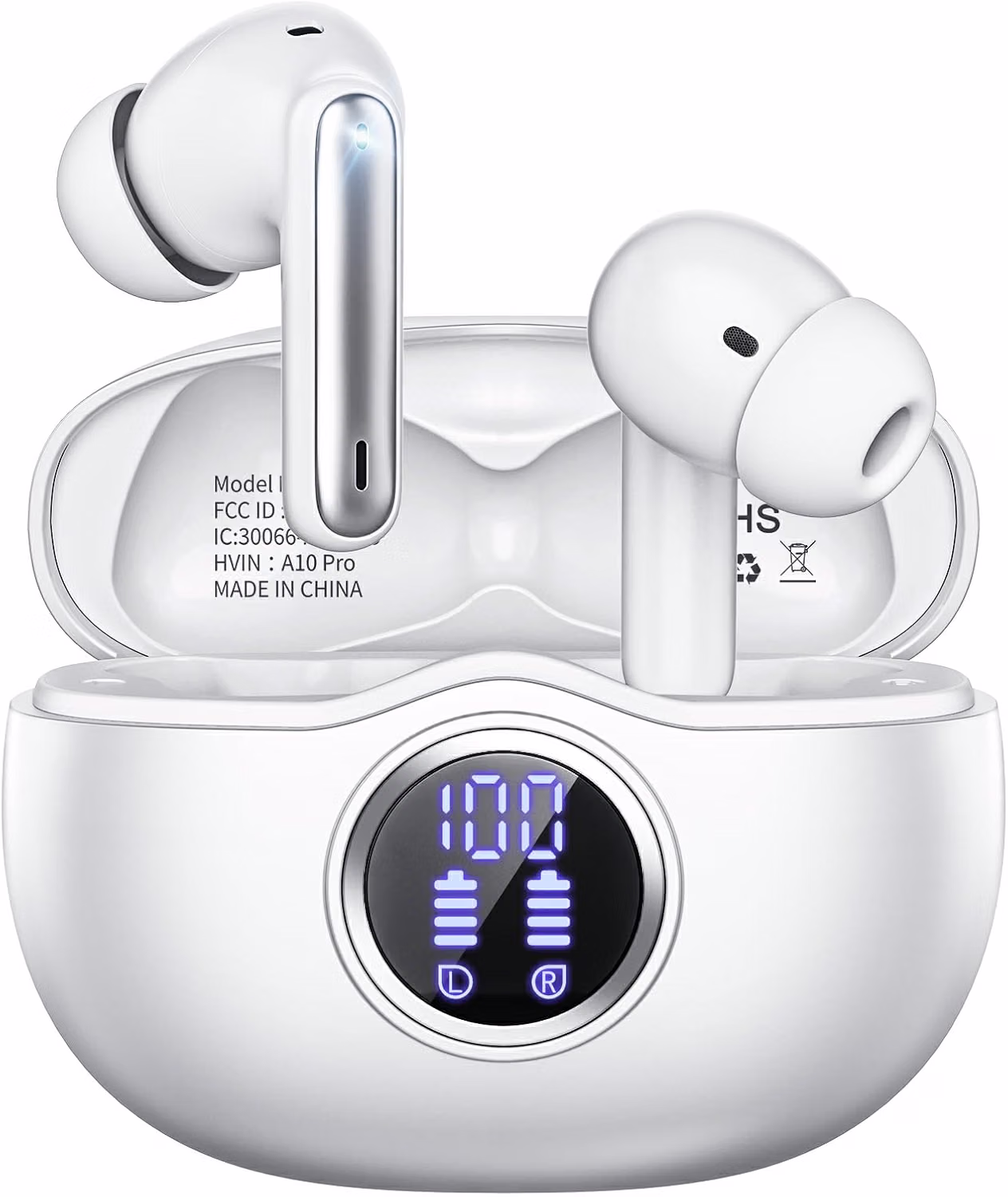 Wireless Earbuds, Bluetooth 5.3 Headphones HiFi Stereo 50H Playback LED Digital Display Ear Buds with ENC Noise Canceling Headset, IPX7 Waterproof Earphones for Gym/Running/Work（White）