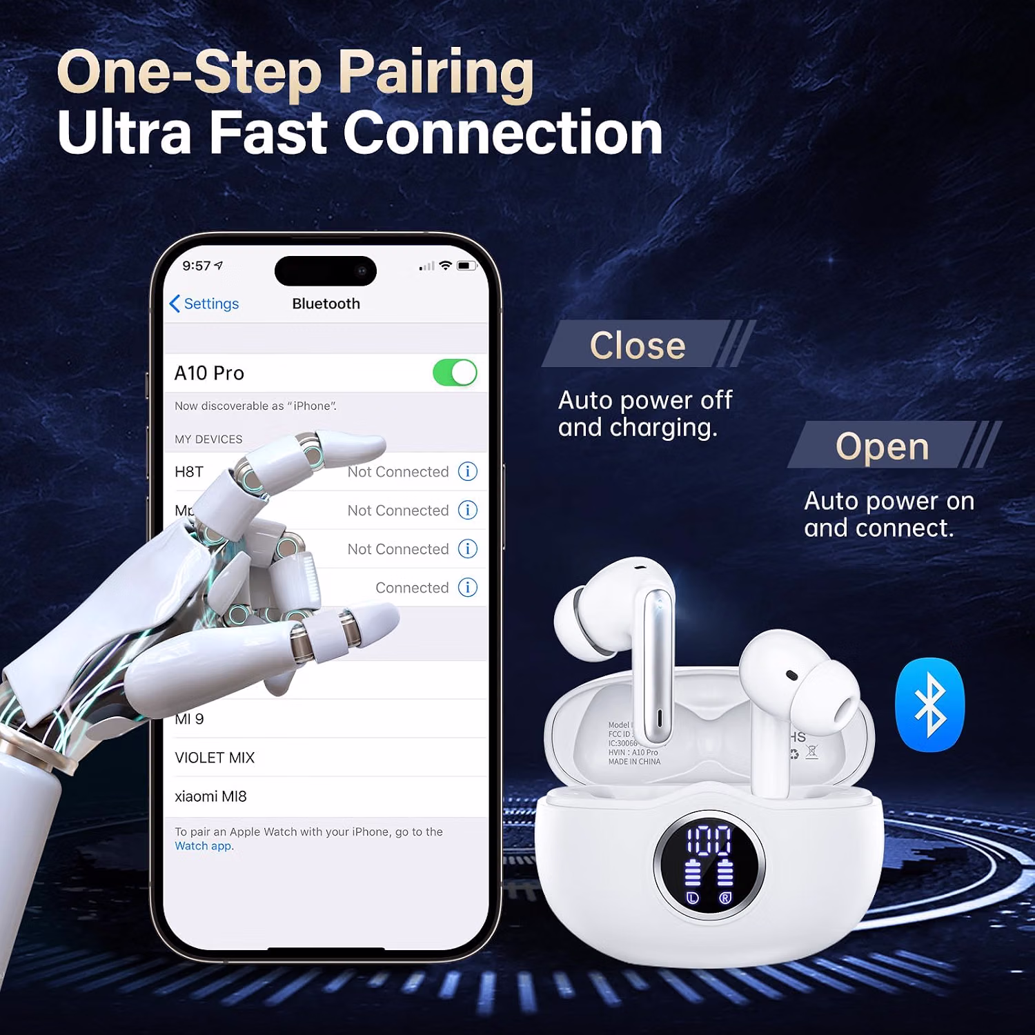 Wireless Earbuds, Bluetooth 5.3 Headphones HiFi Stereo 50H Playback LED Digital Display Ear Buds with ENC Noise Canceling Headset, IPX7 Waterproof Earphones for Gym/Running/Work（White） — view 4