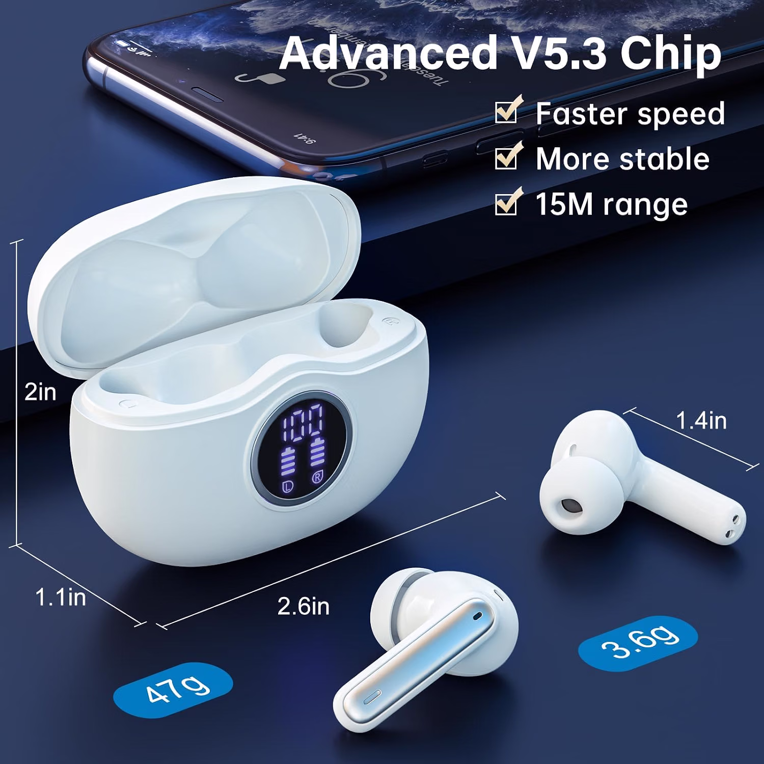 Wireless Earbuds, Bluetooth 5.3 Headphones HiFi Stereo 50H Playback LED Digital Display Ear Buds with ENC Noise Canceling Headset, IPX7 Waterproof Earphones for Gym/Running/Work（White） — view 6