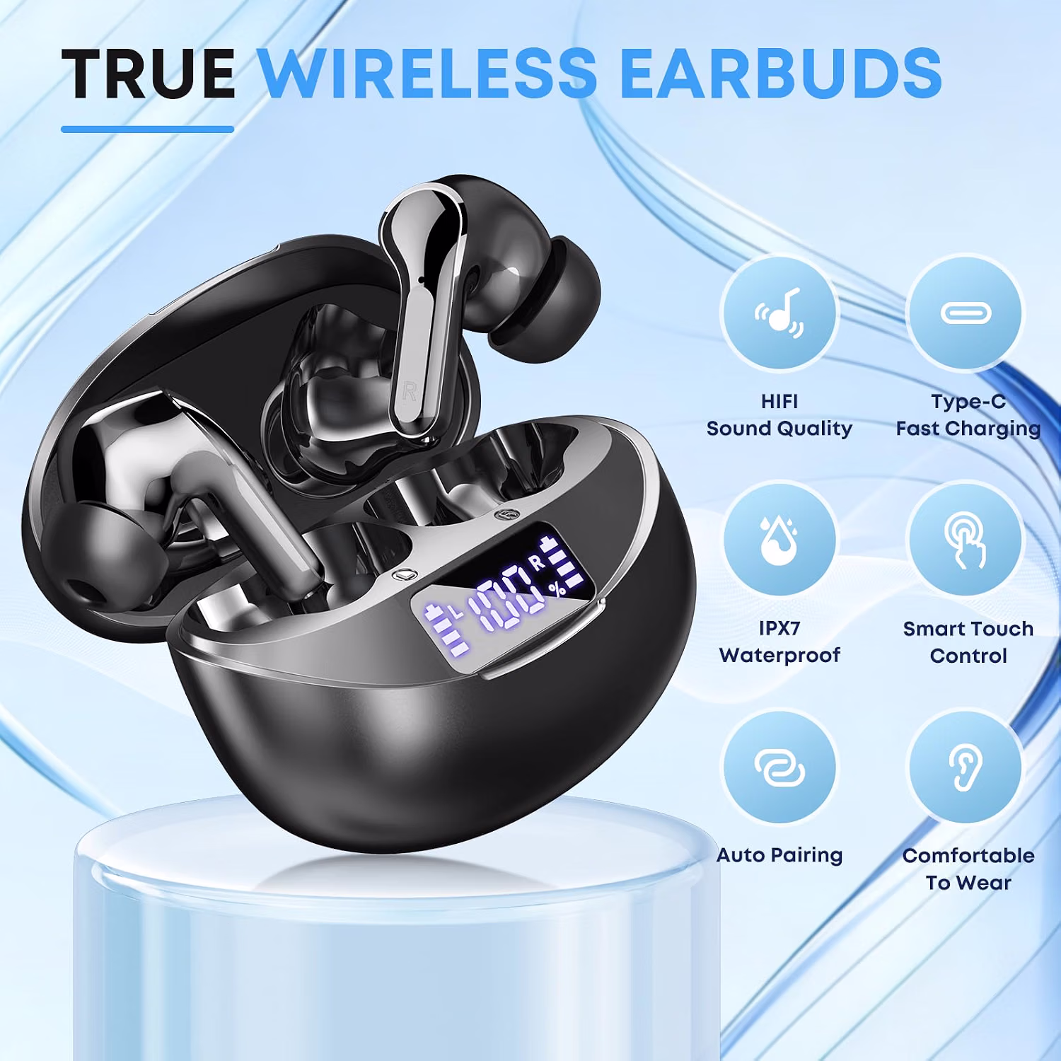 Wireless Earbuds, Bluetooth 5.4 Headphones HiFi Stereo/Crystal Clear, Black — view 2