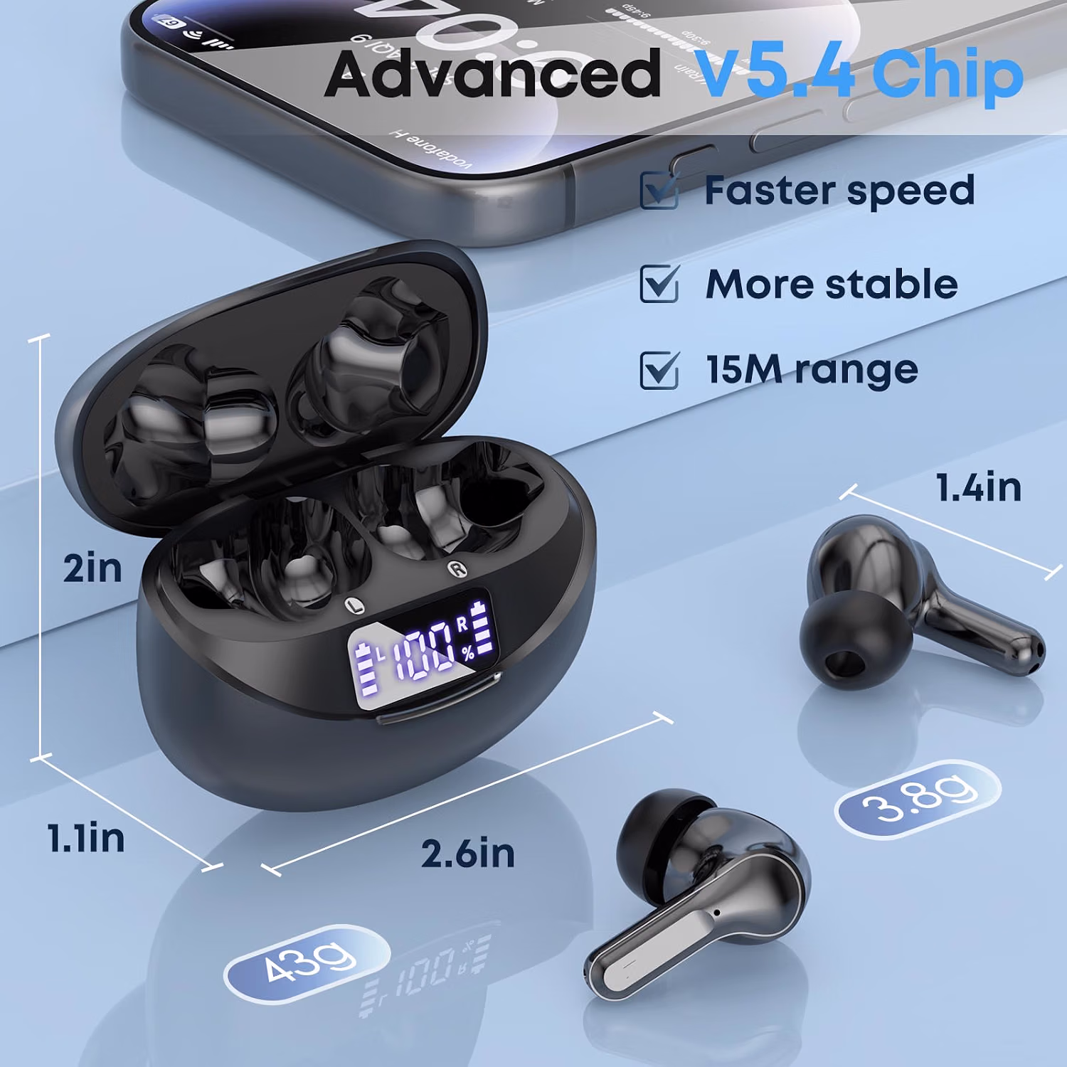 Wireless Earbuds, Bluetooth 5.4 Headphones HiFi Stereo/Crystal Clear, Black — view 3
