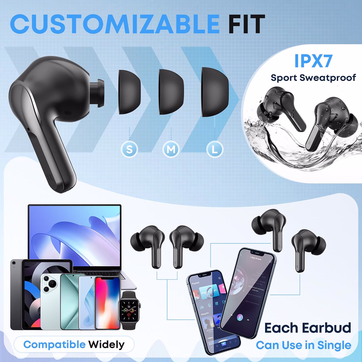 Wireless Earbuds, Bluetooth 5.4 Headphones HiFi Stereo/Crystal Clear, Black — view 5