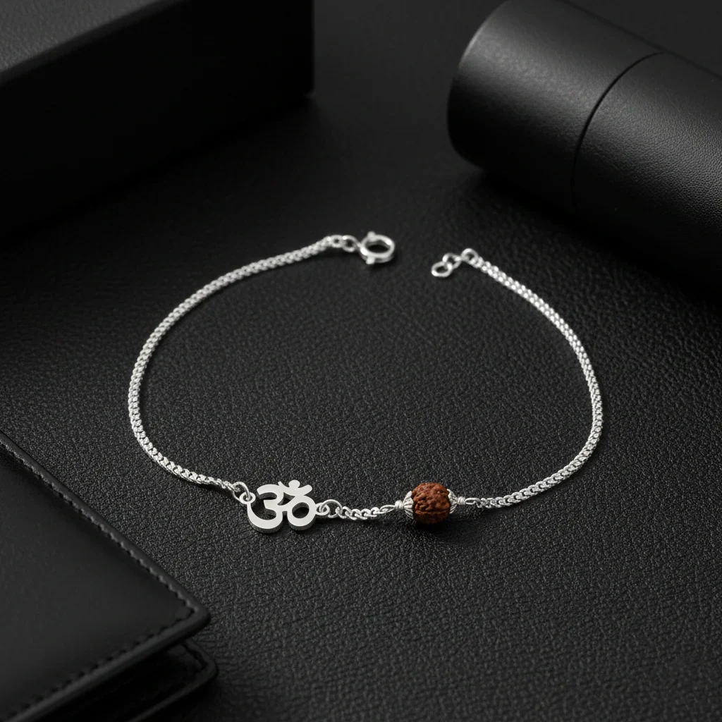 Om Rudraksha Silver Chain Bracelet thumbnail 3